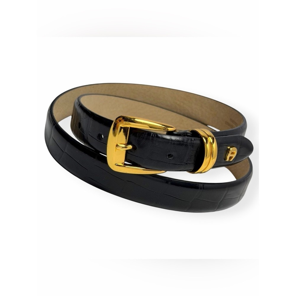 VTG Etienne Aigner Belt Black Croc Embossed‎ Leather Women's Sz L Gold Logo
